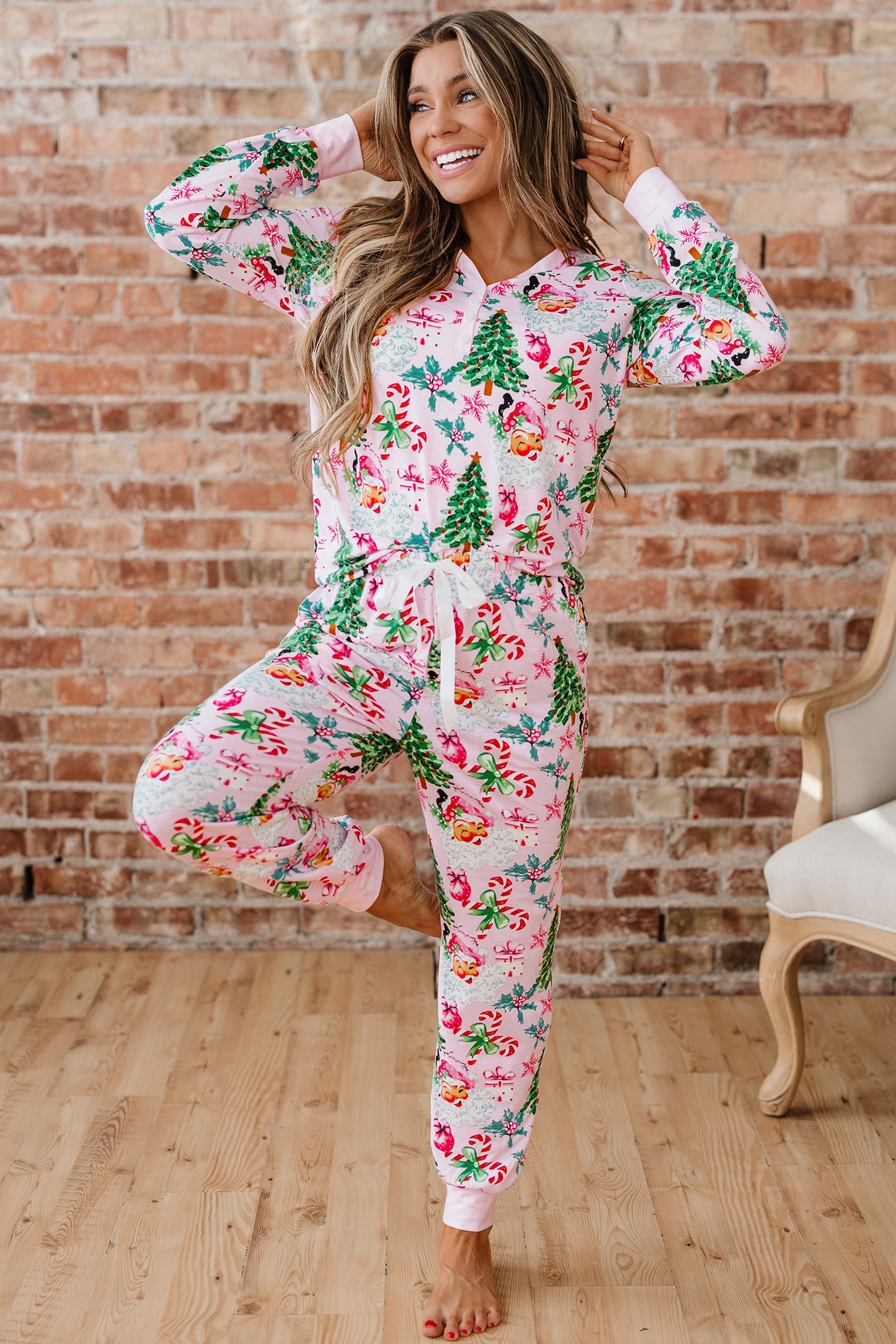 Christmas Tree Print Button Lounge Set for Women 2pcs