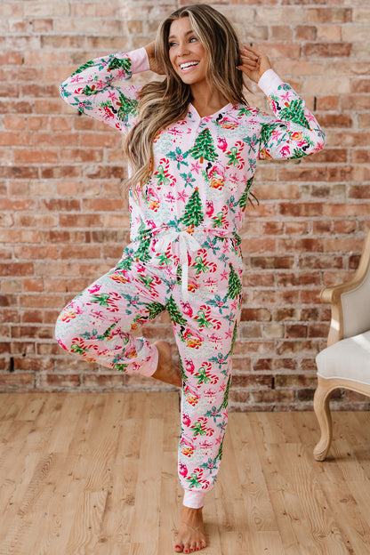 Christmas Tree Print Button Lounge Set for Women 2pcs