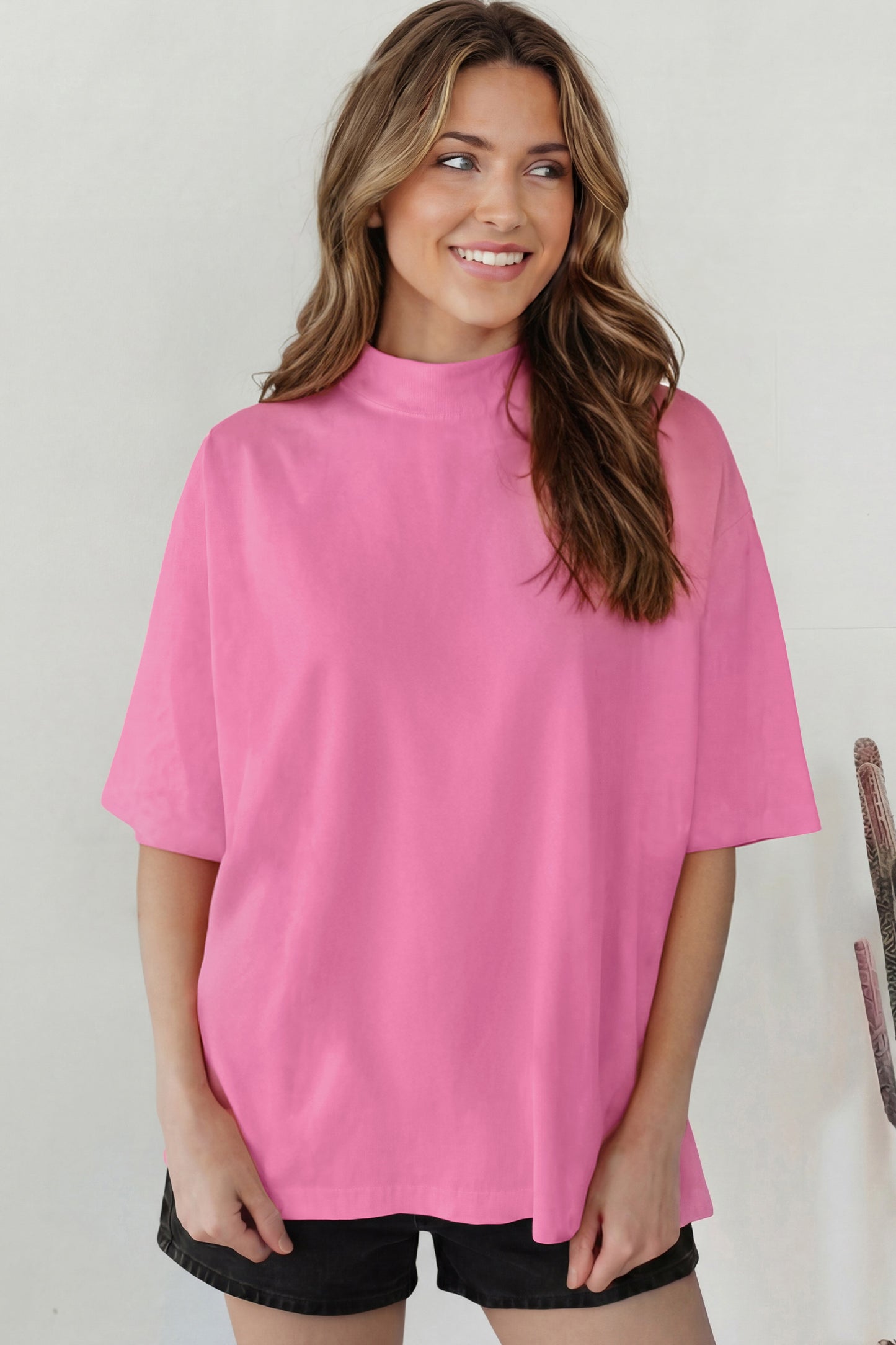 Dark Blue Oversized Mock Neck Tee Casual Relaxed Top