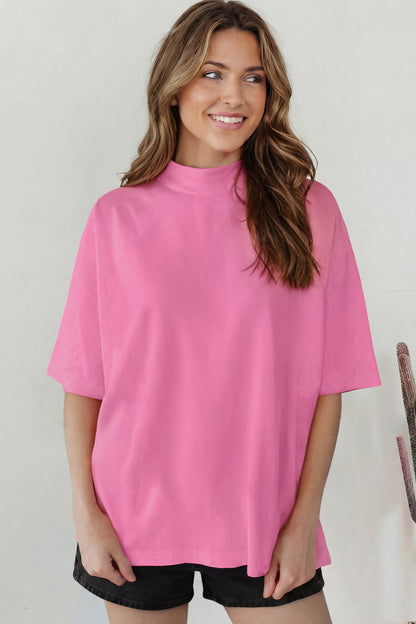 Dark Blue Oversized Mock Neck Tee Casual Relaxed Top
