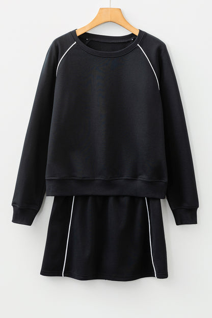 Contrast Piping Crewneck Pullover and Mini Skirt Set