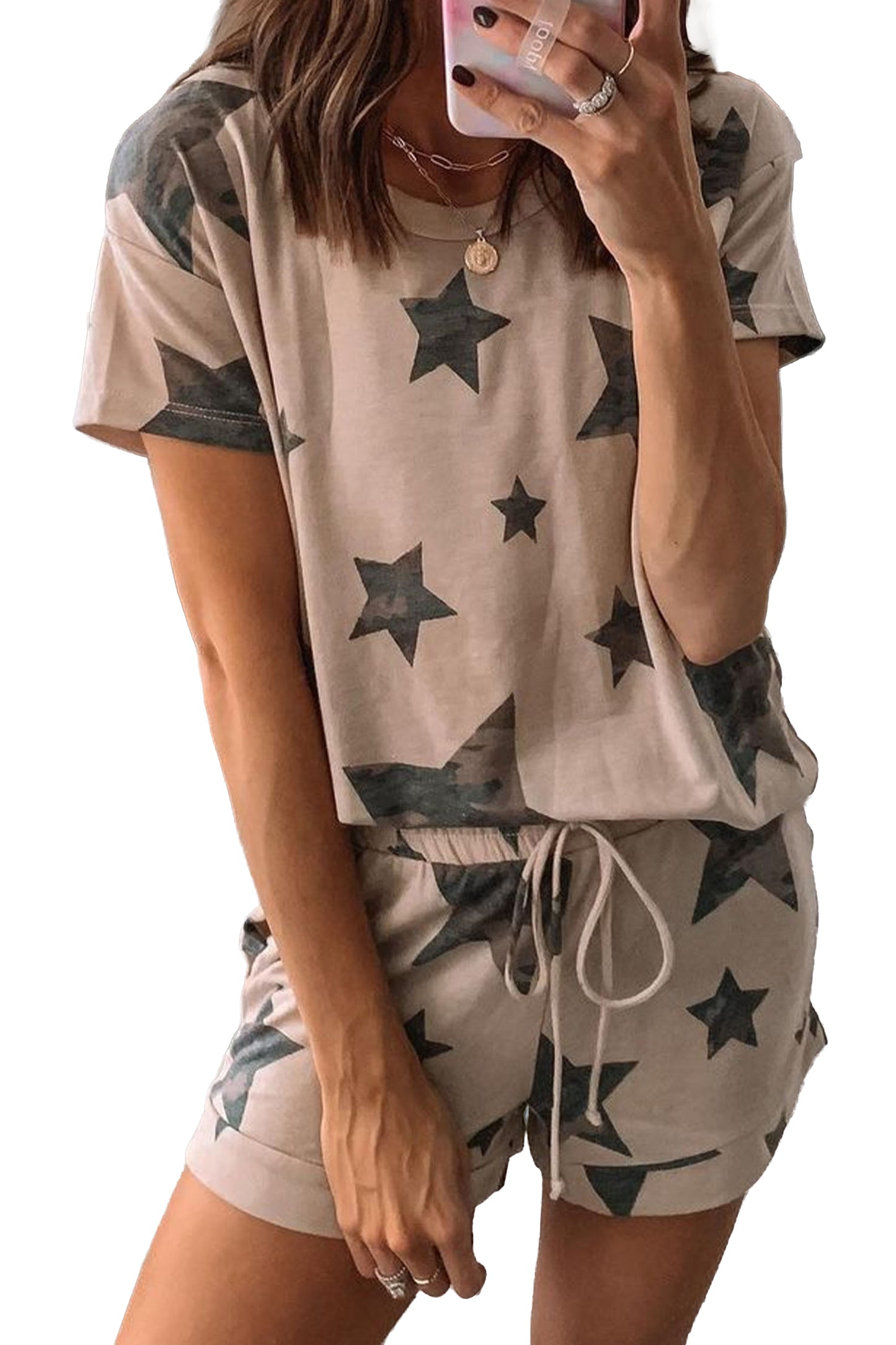 Women Star Print Lounge Set Casual Tee Shorts Two Piece