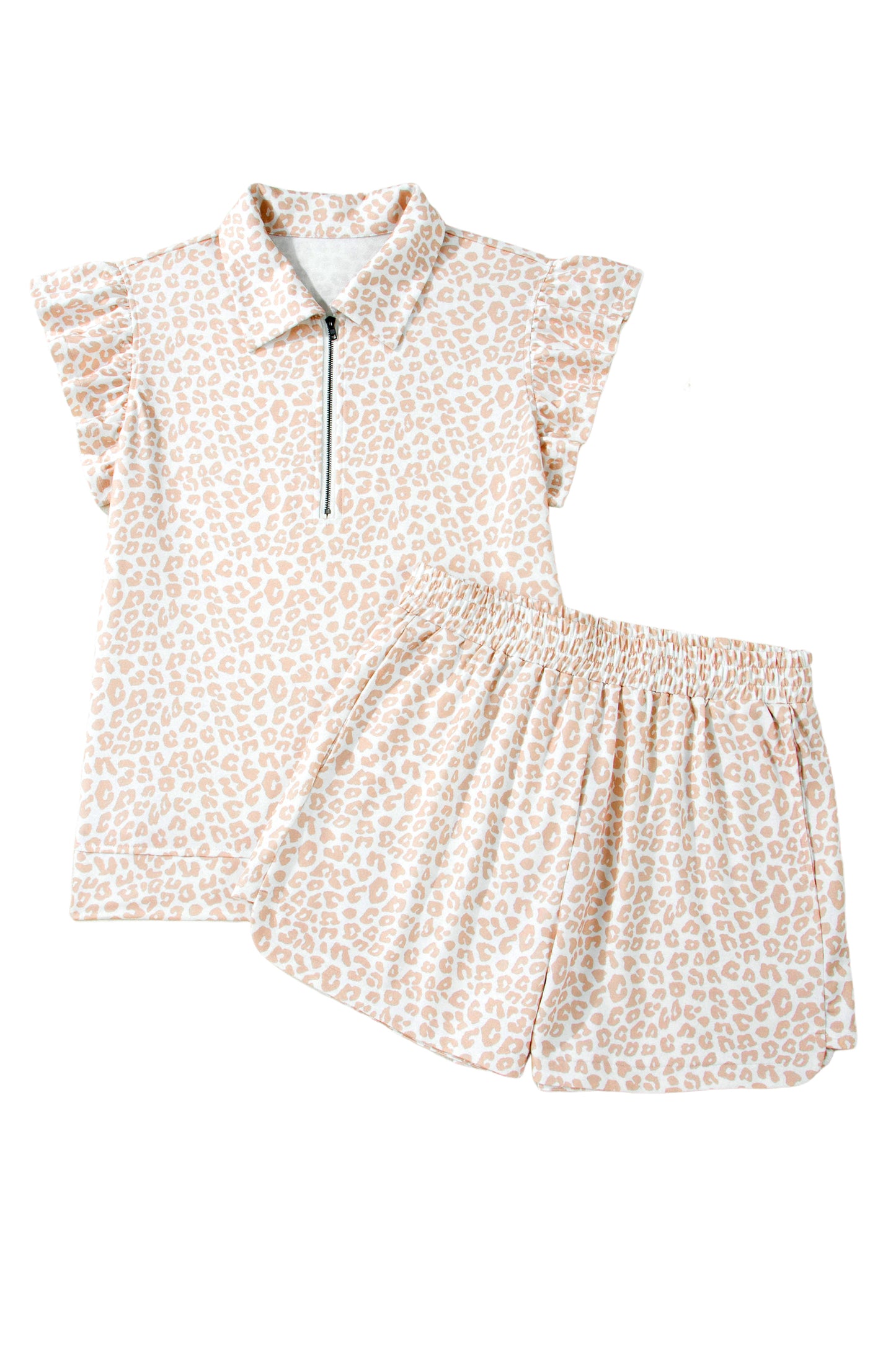 Leopard Ruffle Zip Polo Two Piece Short Set Women