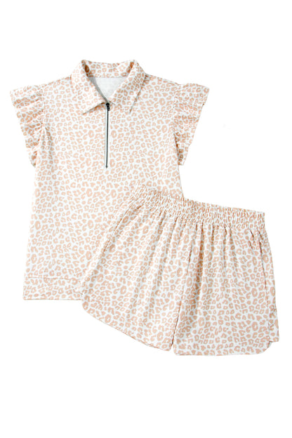 Leopard Ruffle Zip Polo Two Piece Short Set Women