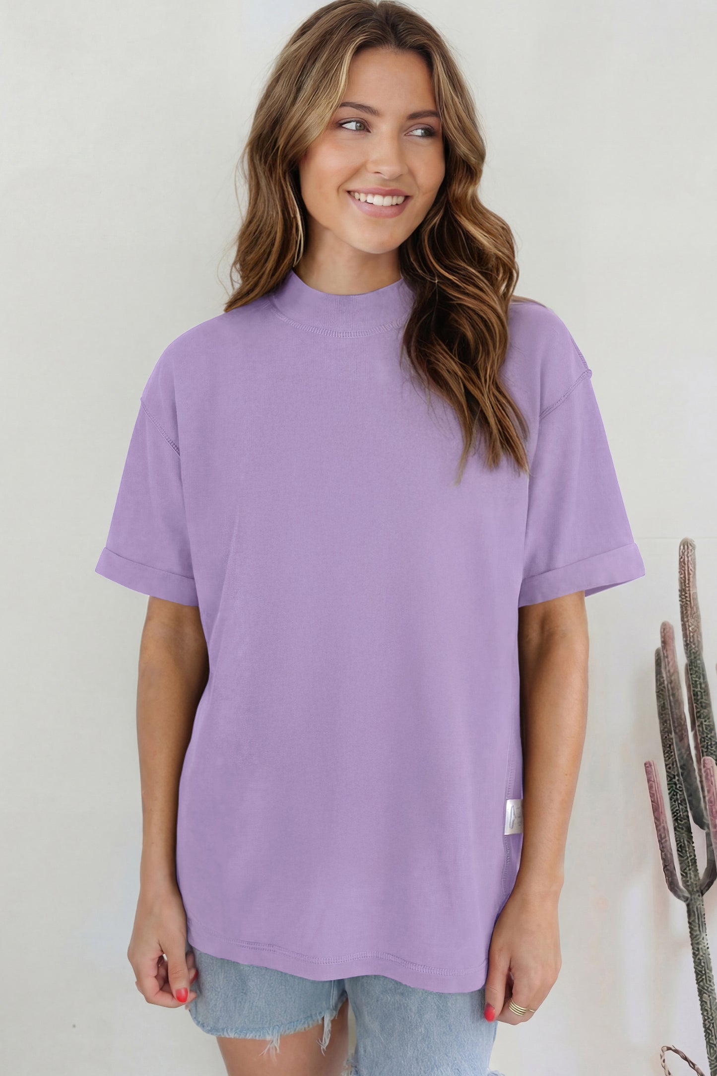 Dark Blue Oversized Mock Neck Tee Casual Relaxed Top
