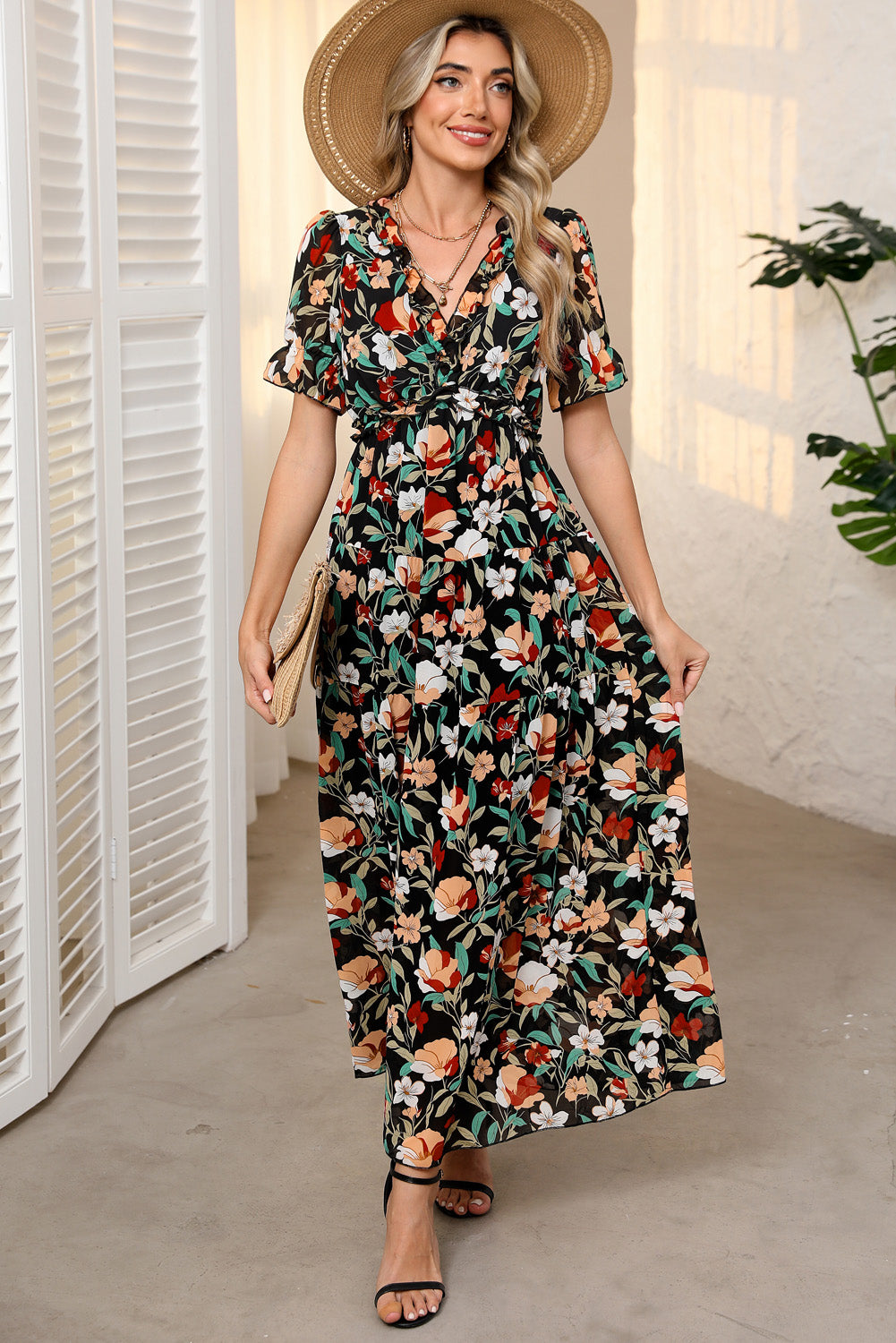 Sky Blue Floral V Neck Ruffle Short Sleeve Maxi Dress