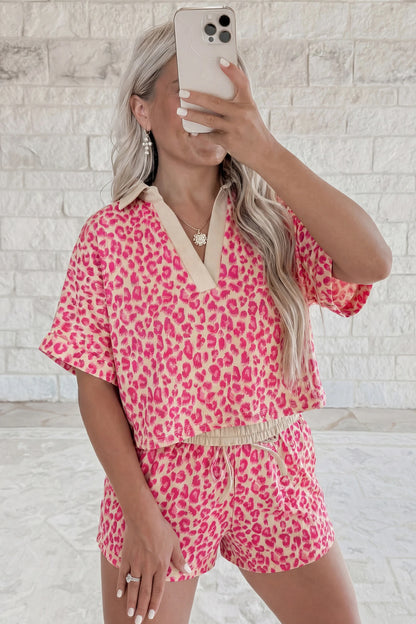 Brown Leopard Collared V Neck Top & Shorts Set