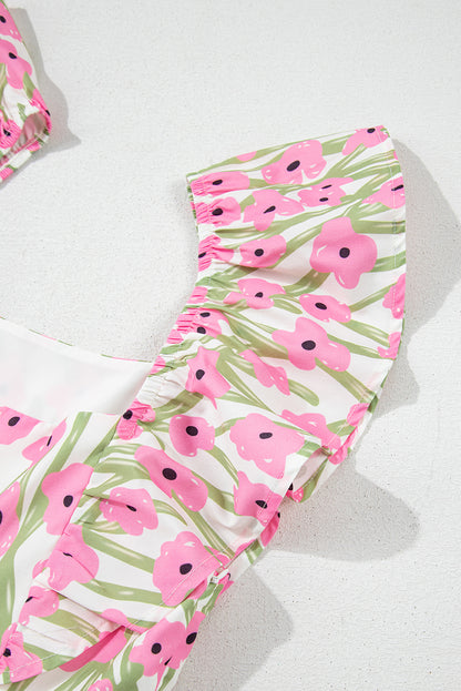 Pink Floral Square Neck Ruffle Sleeve Maxi Dress