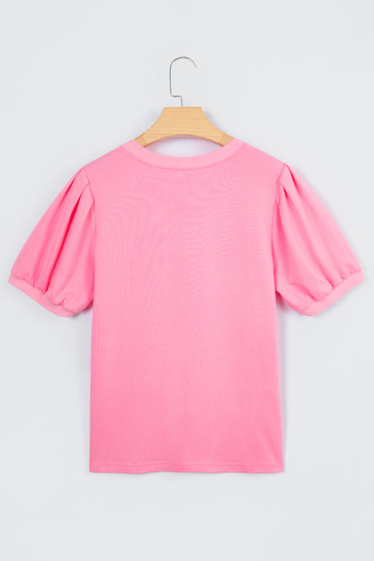 Womens V Neck Puff Sleeve Blouse Lightweight Casual Top