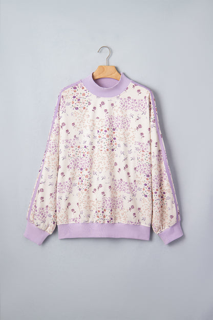 Purple Floral Print High Neck Colorblock Sleeve Paneling Sweatshirt