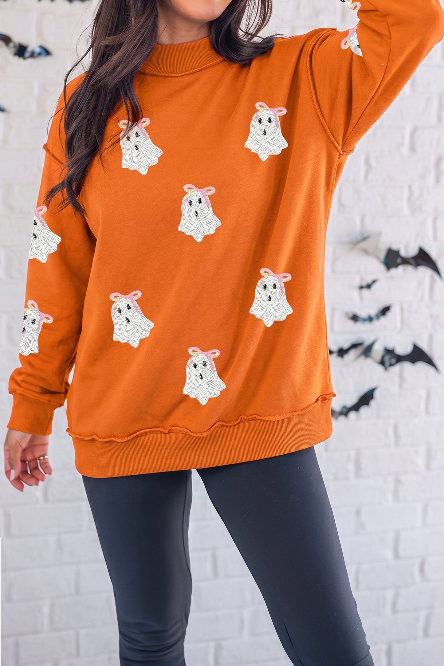 Sequin Ghost Mock Neck Halloween Sweatshirt