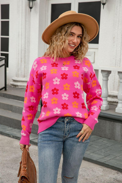 Retro Floral Print Pullover Sweater – Cozy Fall Knit