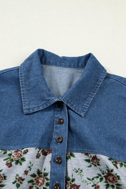 Floral Color Block Polo Henley Button Casual Top