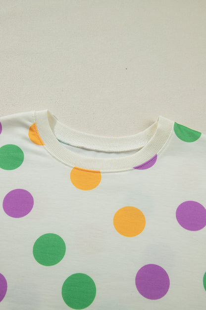 Pink Polka Dot Drop Shoulder Pullover Shorts Set