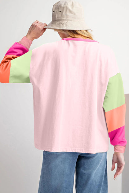 Green Colorblock Patchwork Long Sleeve Loose Top