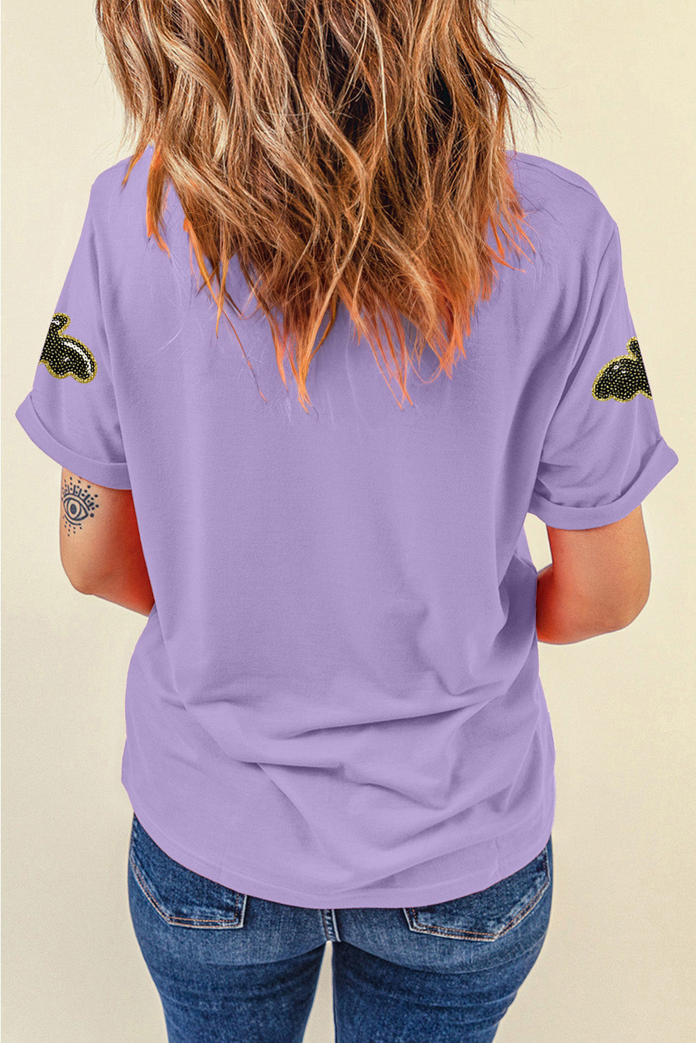 Purple Sequin Halloween Bat Graphic Casual T Shirt