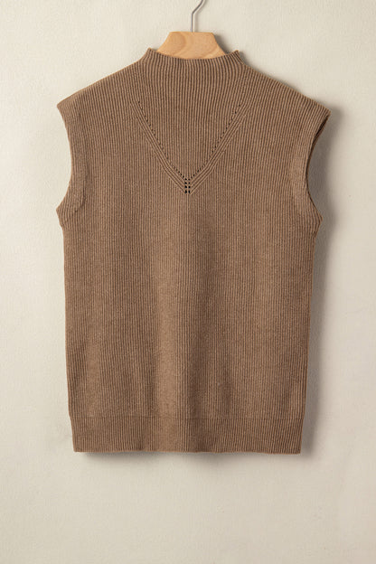 Western Ribbed Knit Mock Neck Sleeveless Sweater Top