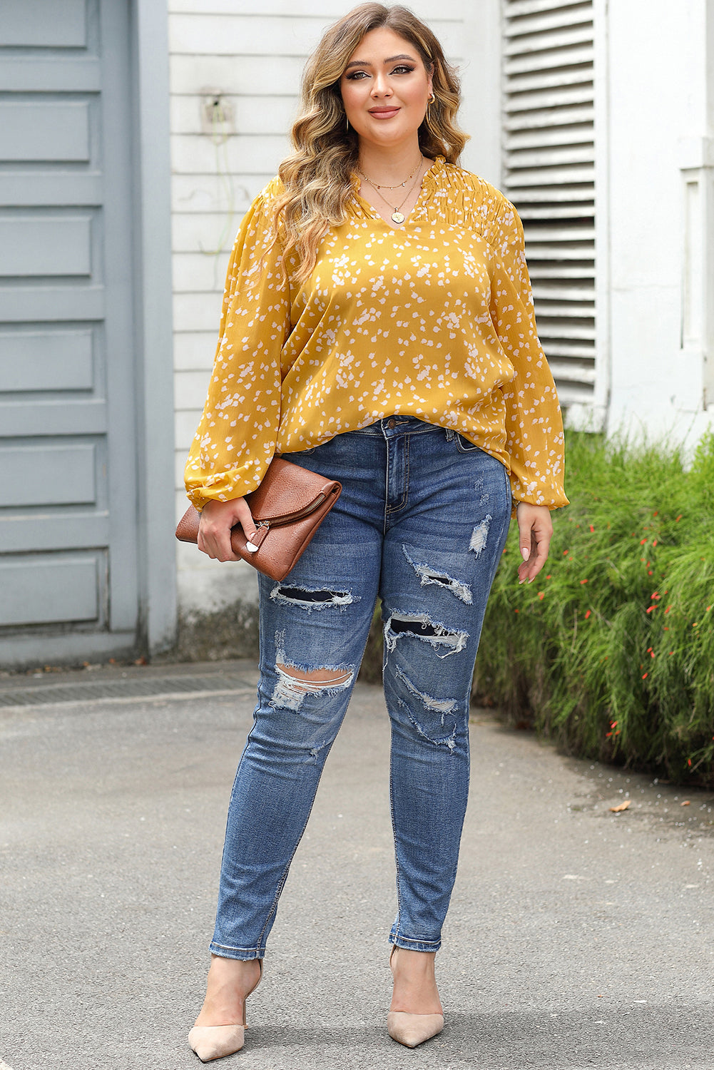 Bright Pink Plus Size Floral Print Ruched Split Neck Blouse