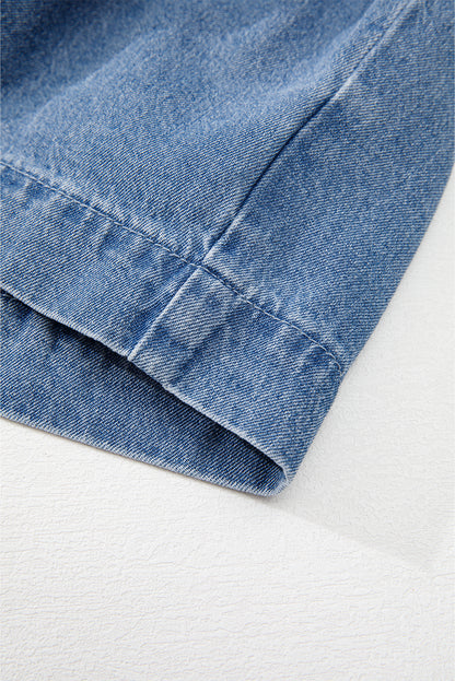 Blue Denim Tie Front Puff Sleeve Peplum Blouse