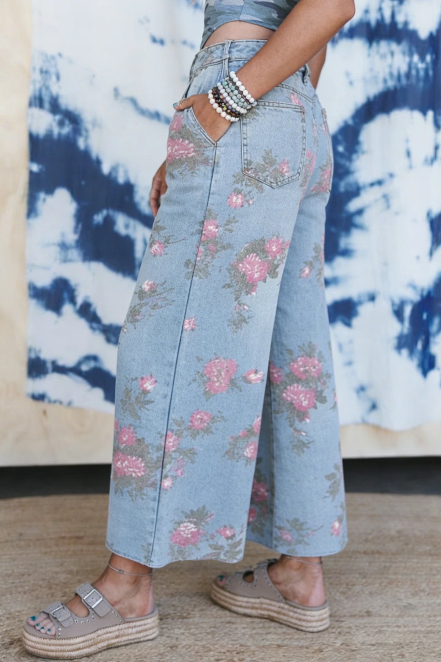 Floral Print Bootcut Jeans High Waist Vintage Denim