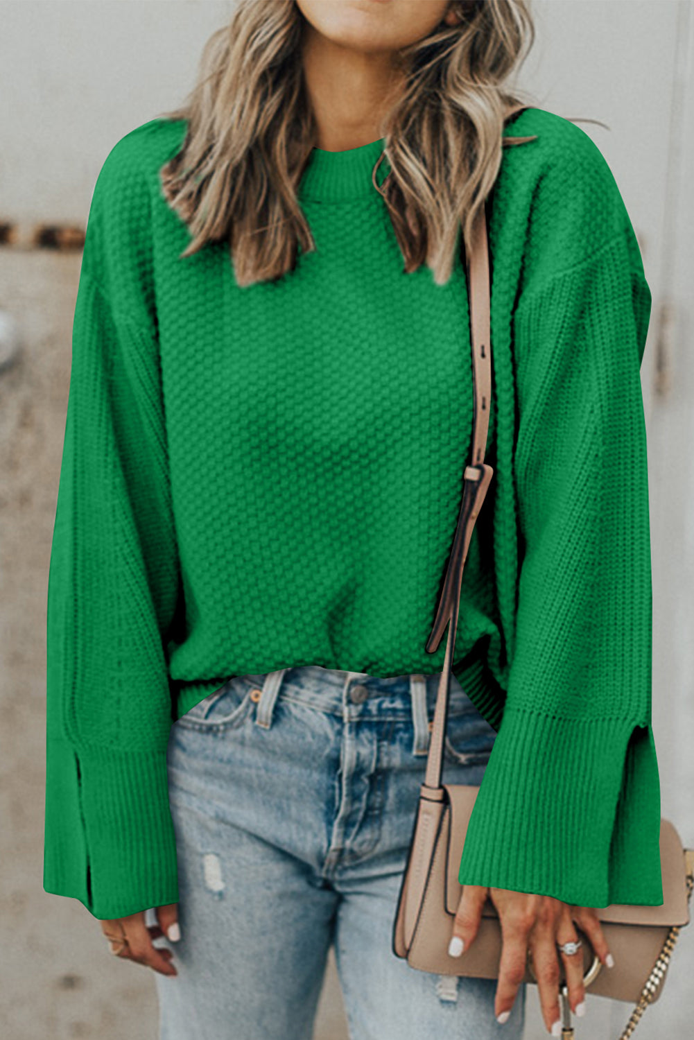 Green Textured Knit Drop Shoulder Split Cuff Oversized Sweater
