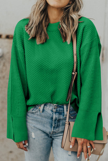 Green Textured Knit Drop Shoulder Split Cuff Oversized Sweater