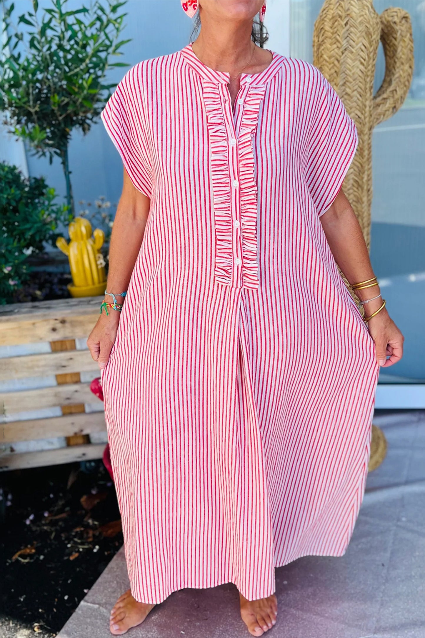 Black Stripe Ruffle Half-Button Short Sleeve Maxi Dress