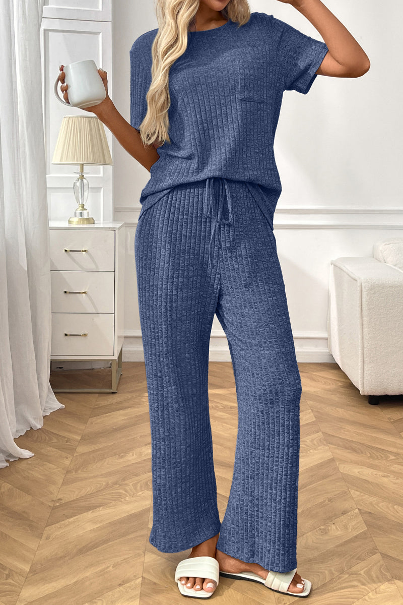 Short Sleeve Ribbed Knit Lounge Set with Drawstring Pants