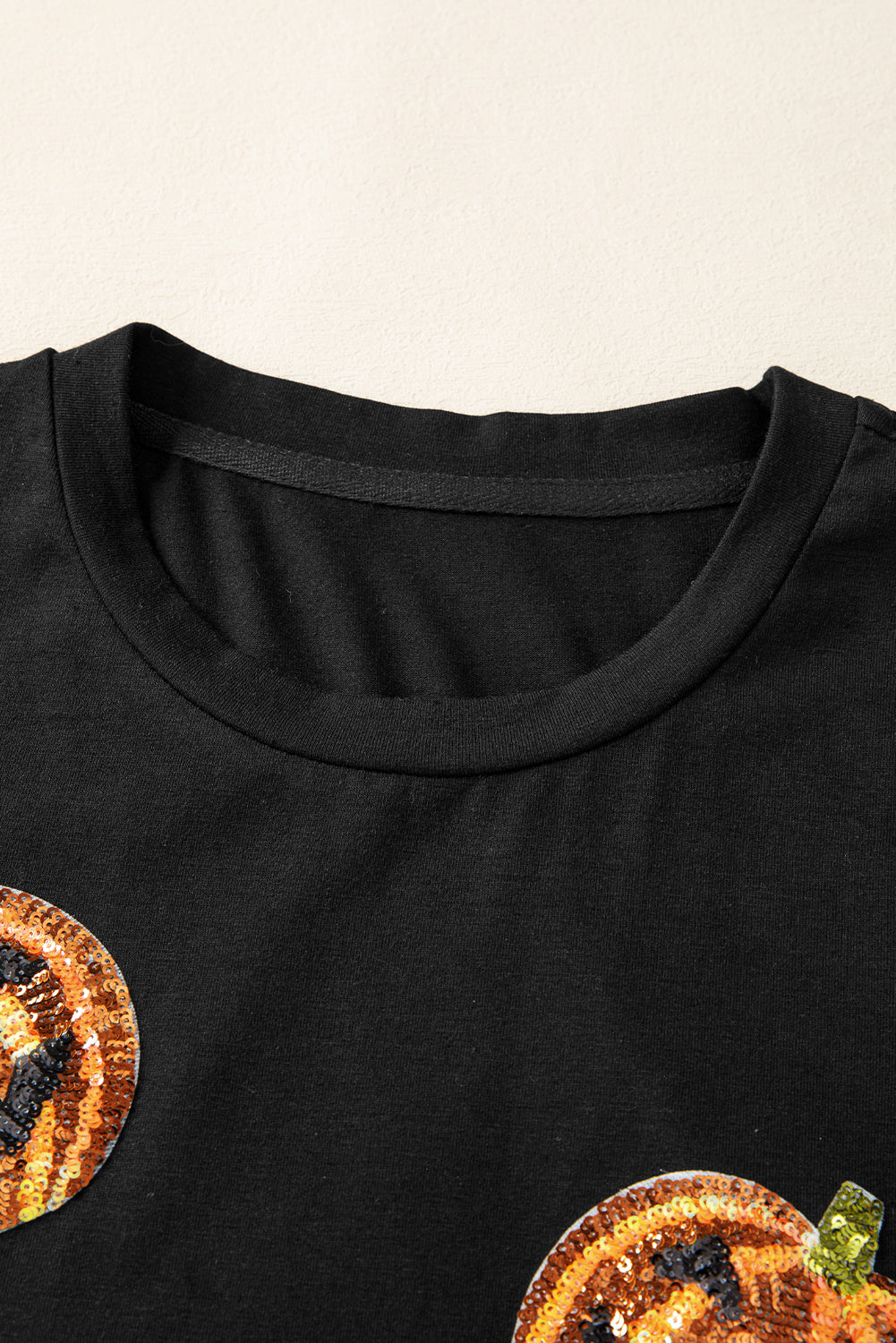 Women's Black Sequin Pumpkin Halloween T-Shirt