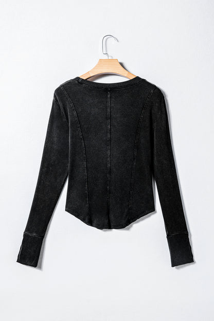 Coffee Exposed Seam Ribbed Long Sleeve Top