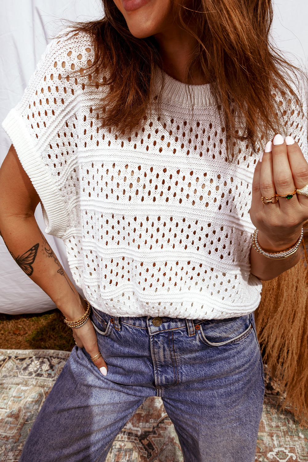 White Open Knit Short Sleeve Round Neck Dolman Sweater Top