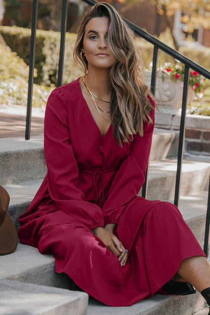 Chestnut Solid Long Sleeve Button V Neck Tiered Maxi Dress