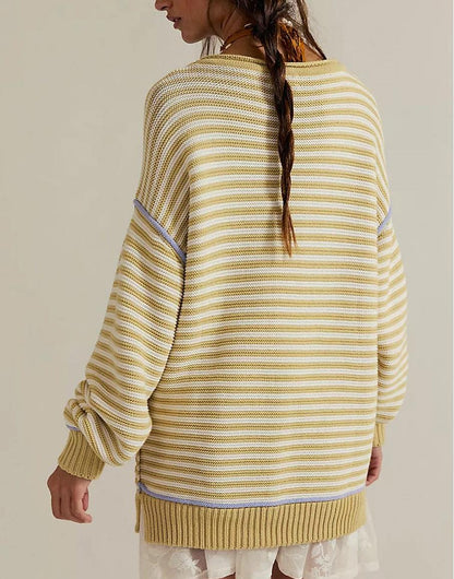 Striped Crewneck Knit Sweater - Loose Fit Pullover Top