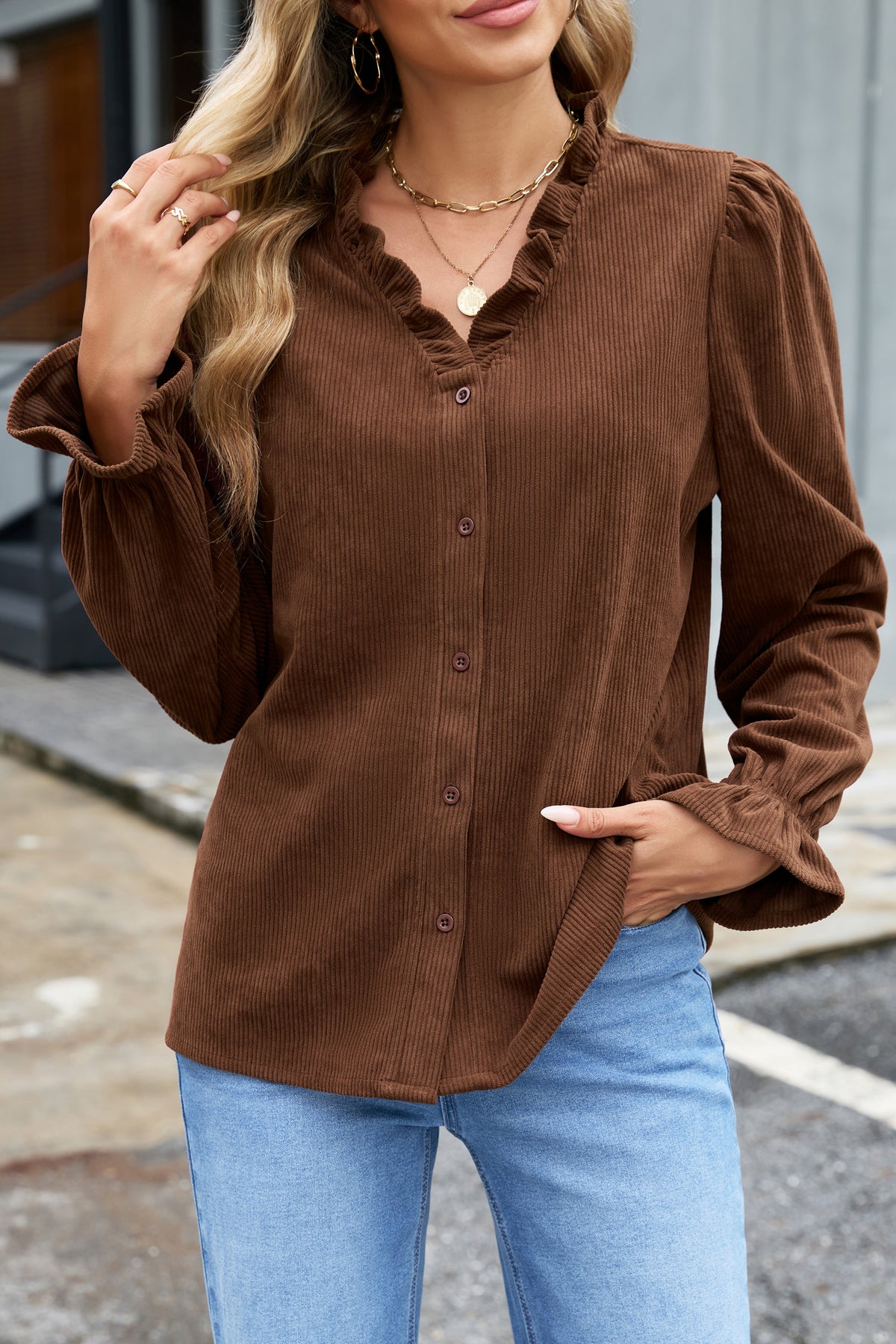 Coffee Corduroy Ruffle V Neck Button Shacket