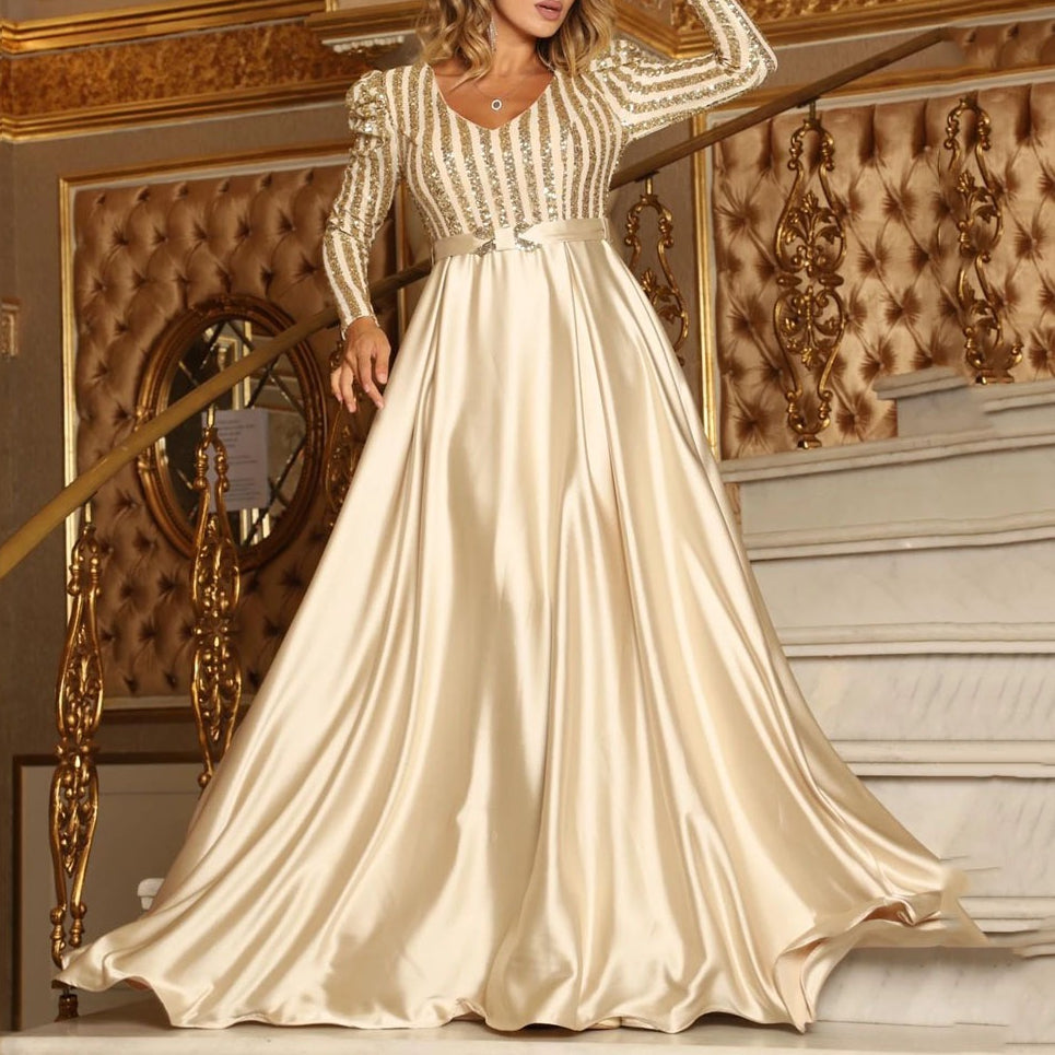 Deep V-Neck Long Sleeve Satin Lace Evening Gown