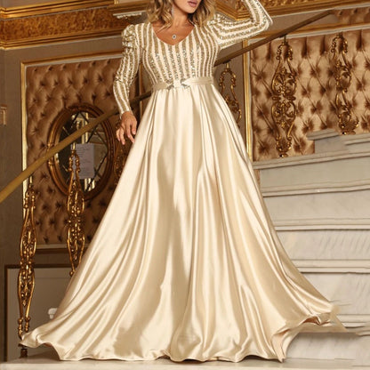 Deep V-Neck Long Sleeve Satin Lace Evening Gown
