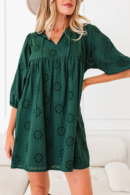 Green Eyelet Embroidered Puff Sleeve Babydoll Mini Dress