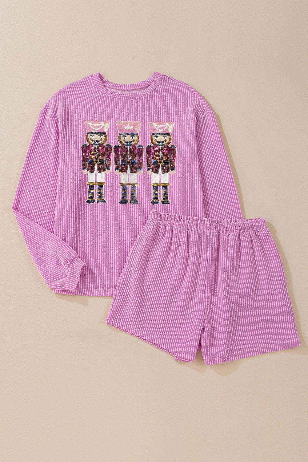 Phalaenopsis Sequin Patched Long Sleeve Corded Christmas Shorts Set