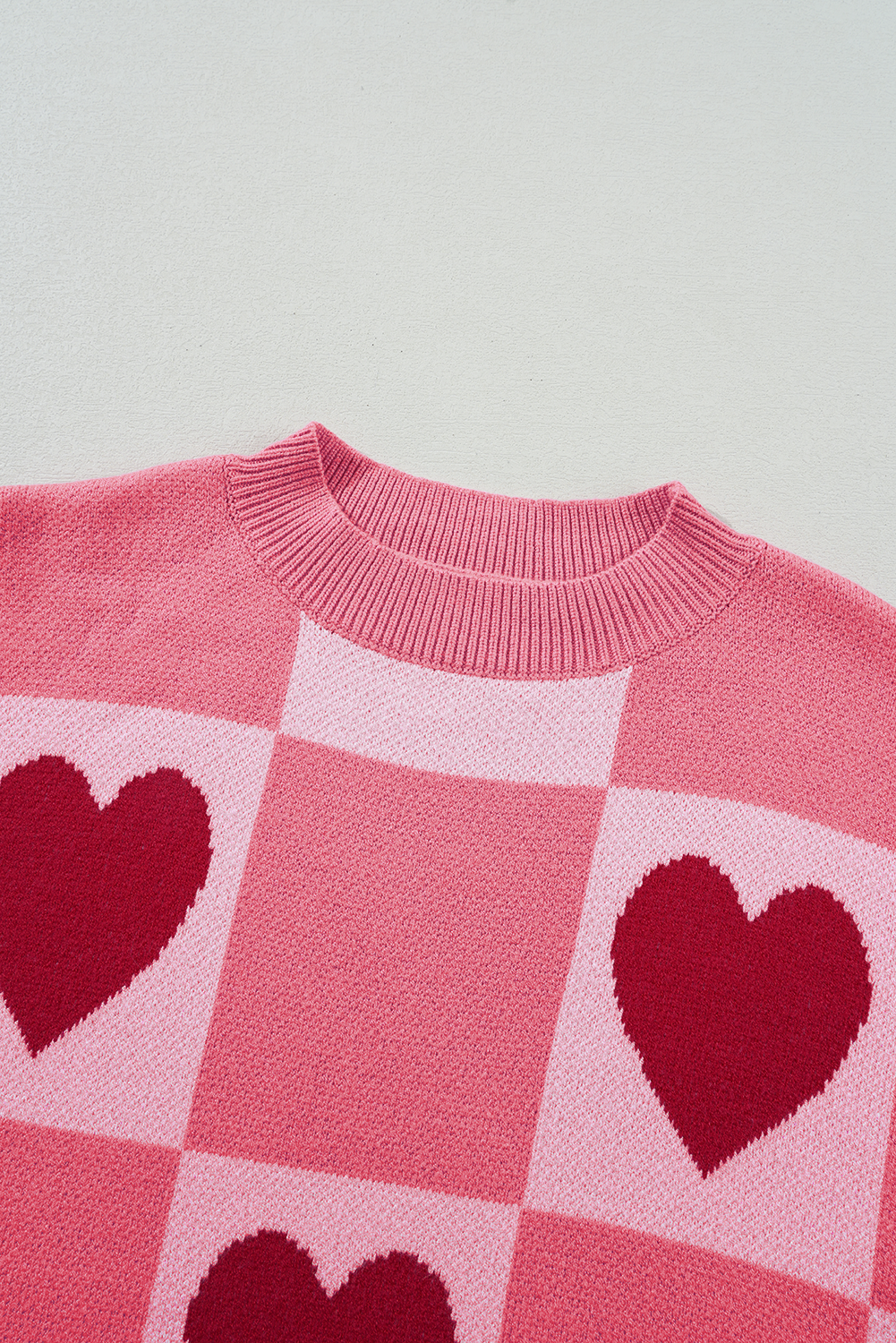Pink Heart Checker Valentine Mock Neck Lantern Sleeve Sweater