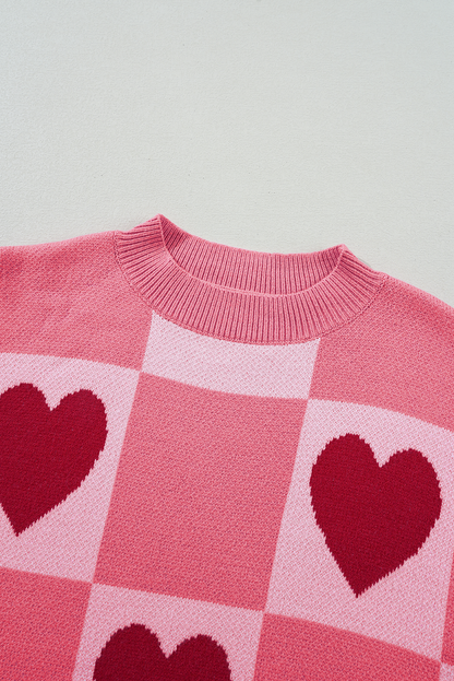 Pink Heart Checker Valentine Mock Neck Lantern Sleeve Sweater