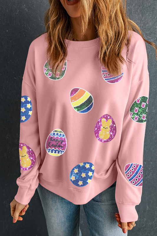 Pink Easter Egg Sequin Graphic Casual Pullover Sweatshirt