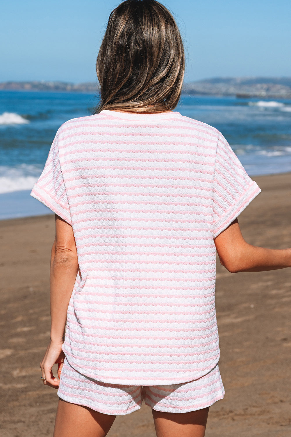 Pink Stripe Textured Knit Lounge Set Drawstring Shorts
