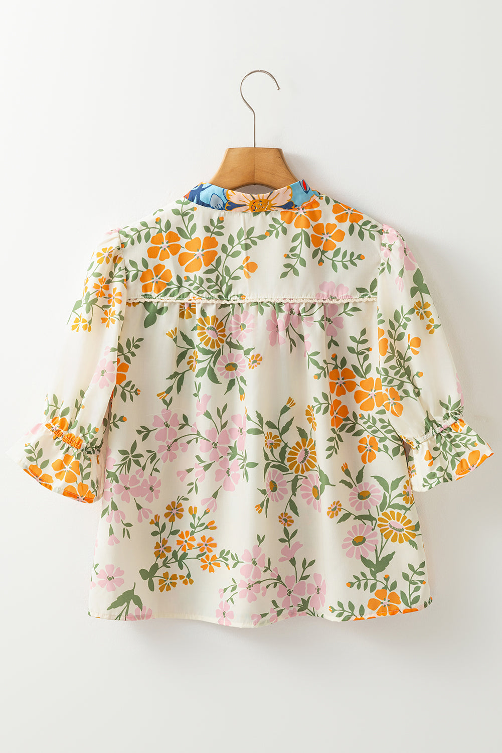 Boho Floral V Neck Crochet Trim Puff Sleeve Blouse