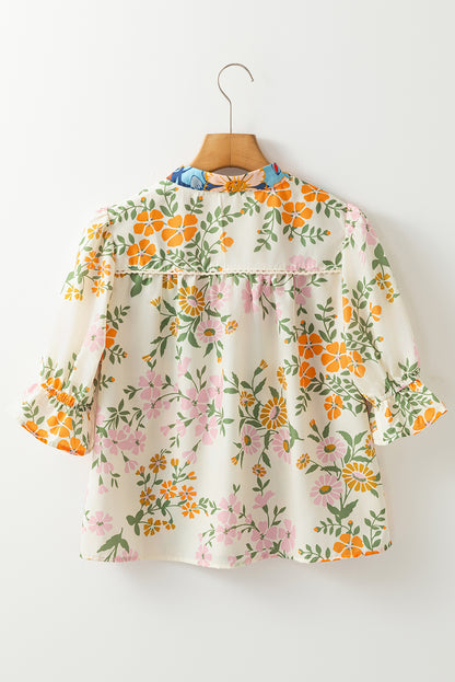 Boho Floral V Neck Crochet Trim Puff Sleeve Blouse