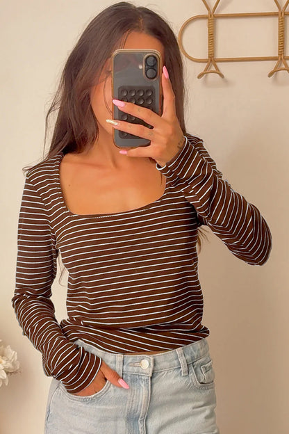 Striped Square Neck Long Sleeve Stretch Knit Top for Women