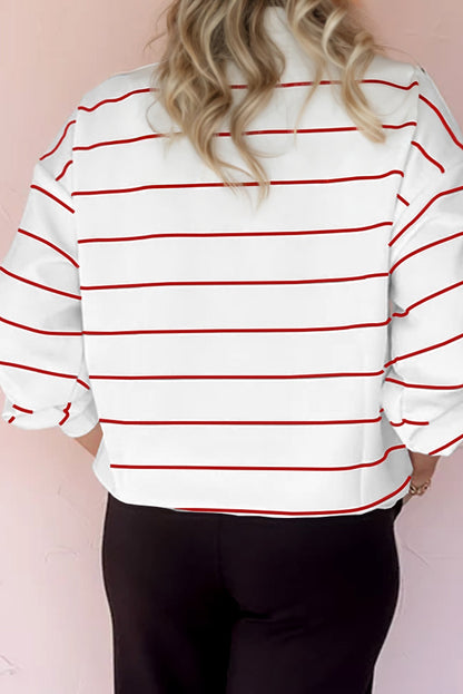 White Striped Zip V Neck Drop Shoulder Long Sleeve Top