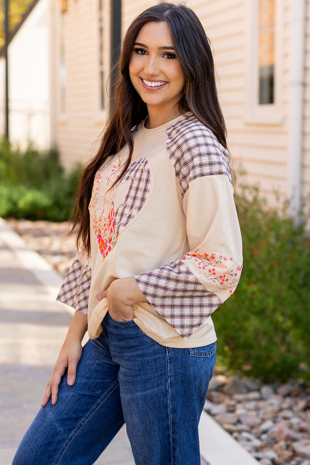 Plaid Floral Peace Heart Graphic Wide Long Sleeve Top