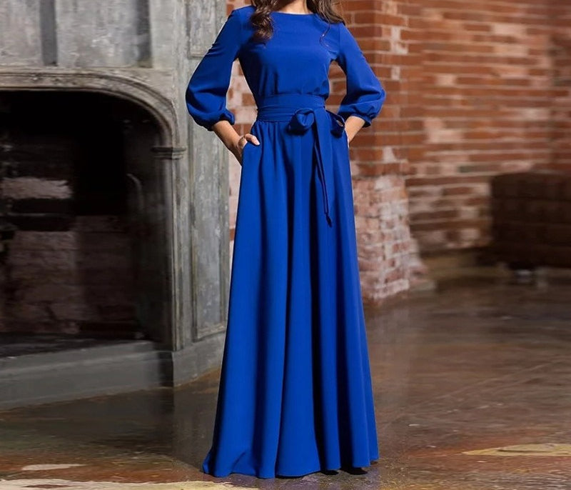 Women's Long Sleeve Tie Waist Maxi Dress A-Line Flowy