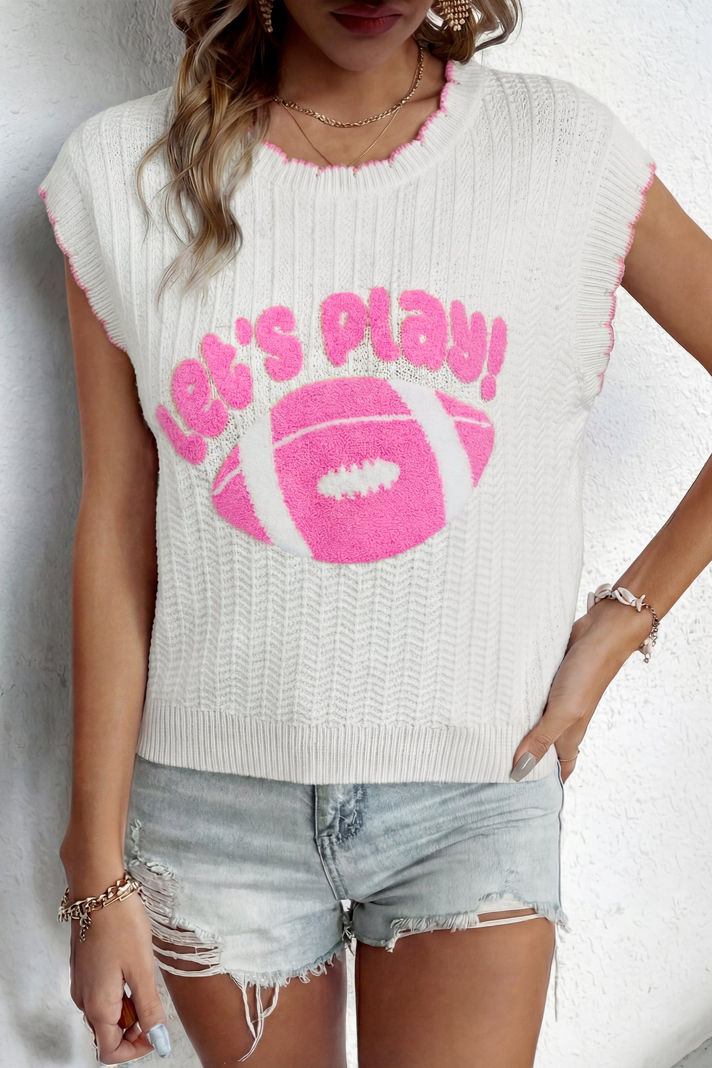 Lets Play Textured Knit Rugby Pattern Sweater Vest Game Day