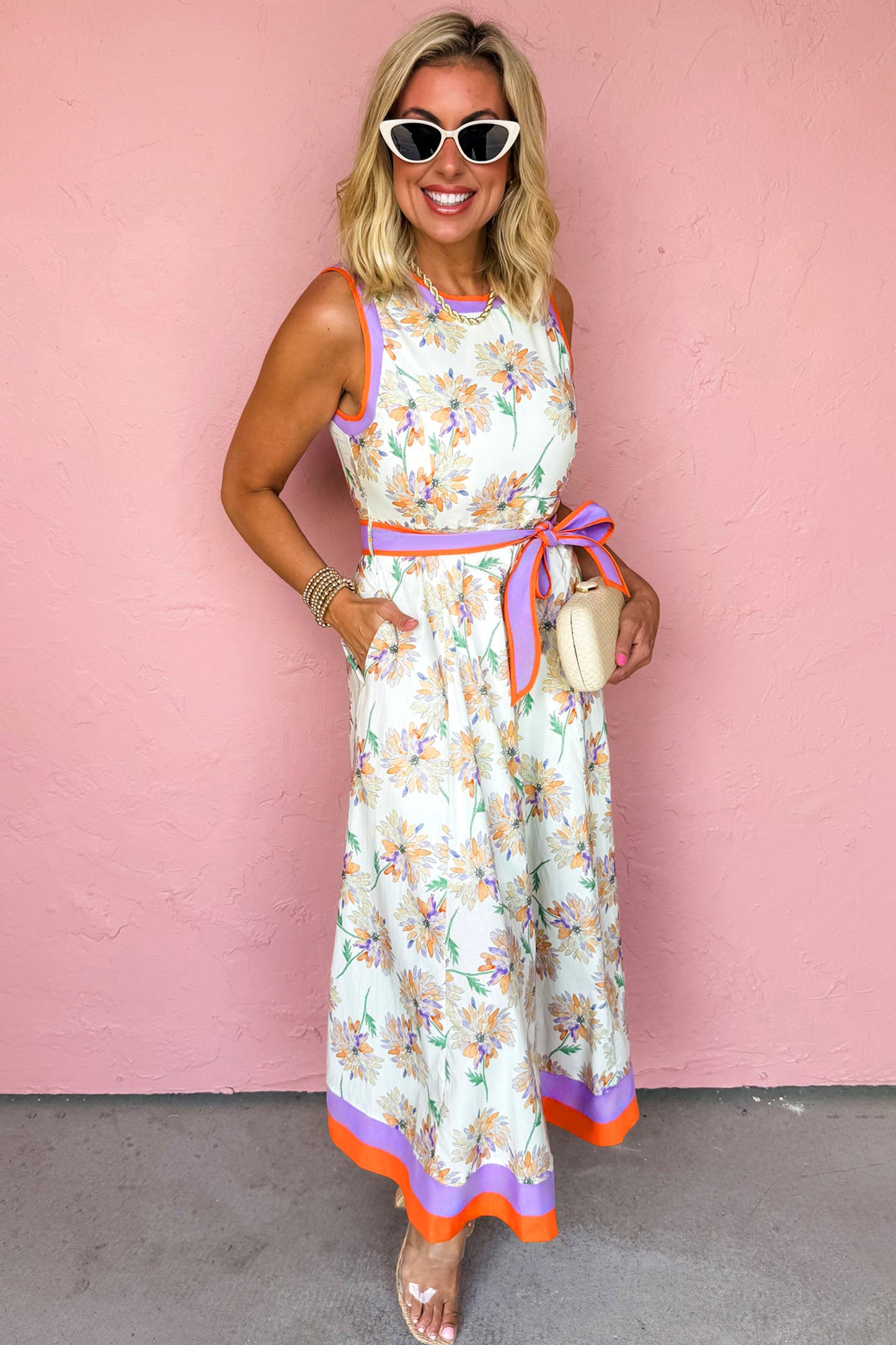 Floral Sleeveless Maxi Dress Women Belted Summer Casual